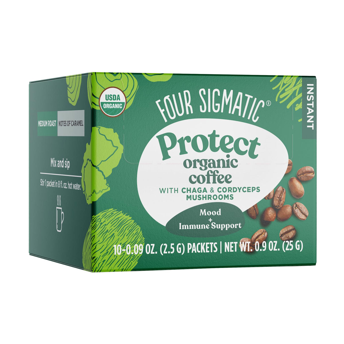 Four Sigmatic front view of ten instant coffee mushroom packets showcasing portability and organic labeling