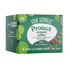Four Sigmatic front view of ten instant coffee mushroom packets showcasing portability and organic labeling