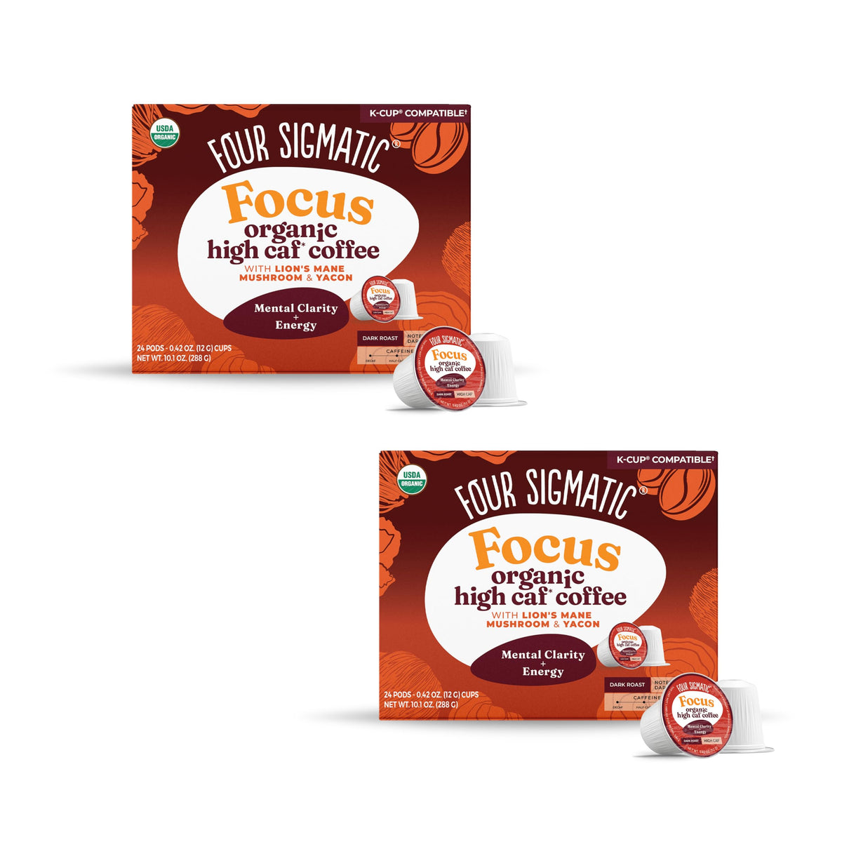 Four Sigmatic front packaging showing 48-count pods and bold branding benefit convenience