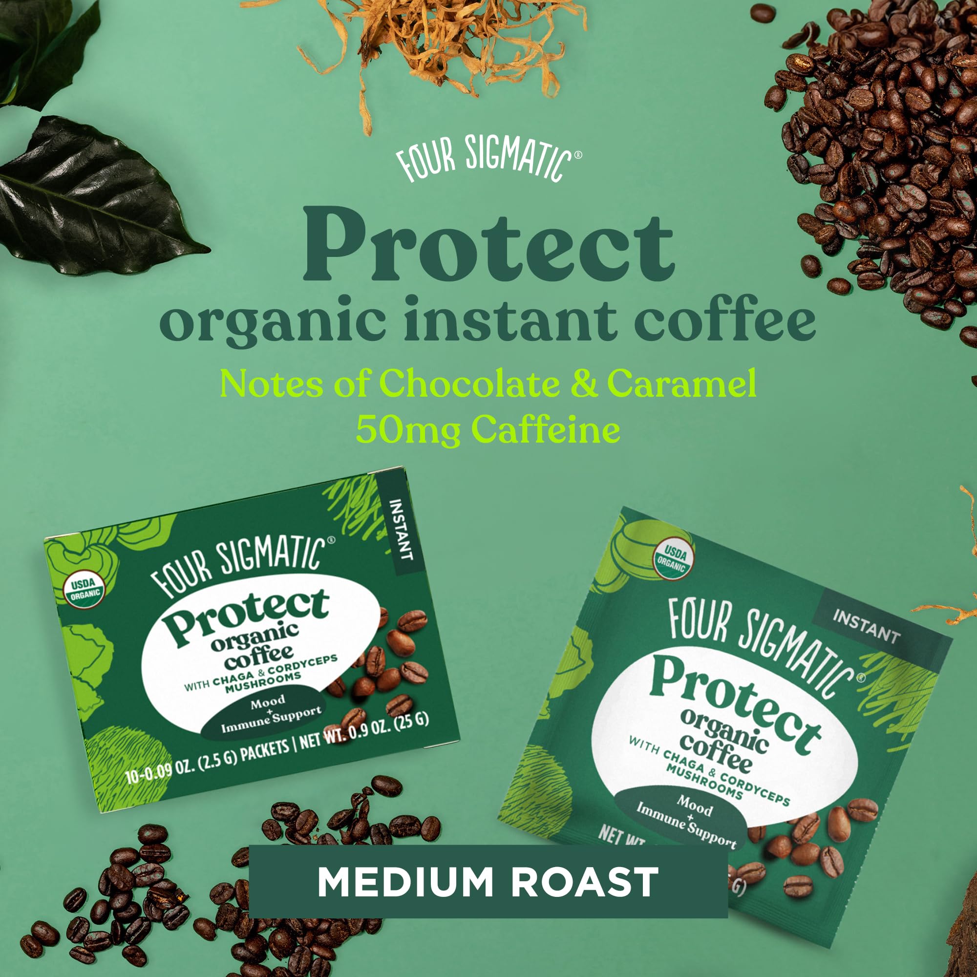 Four Sigmatic product label and ingredient list close-up emphasizing organic mushrooms and third-party testing