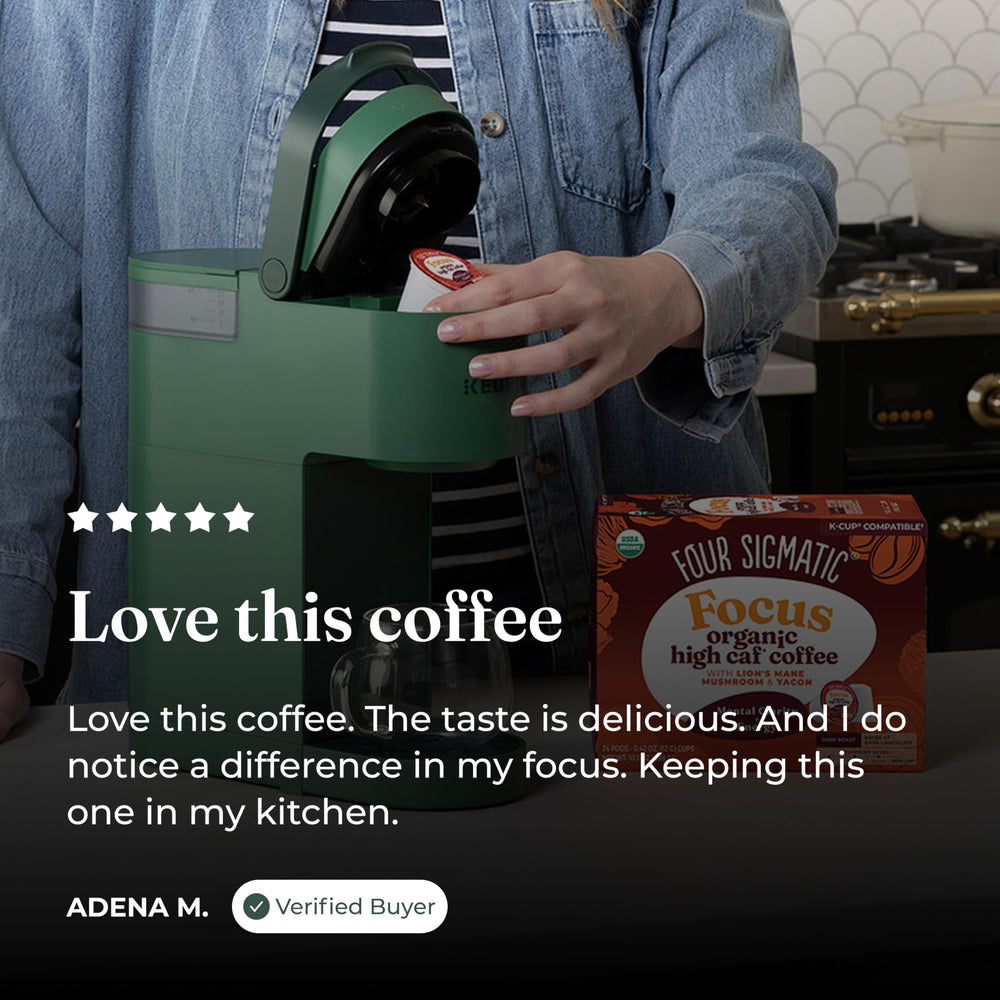 Four Sigmatic product label close-up listing Lion’s Mane and Yacon ingredient benefits