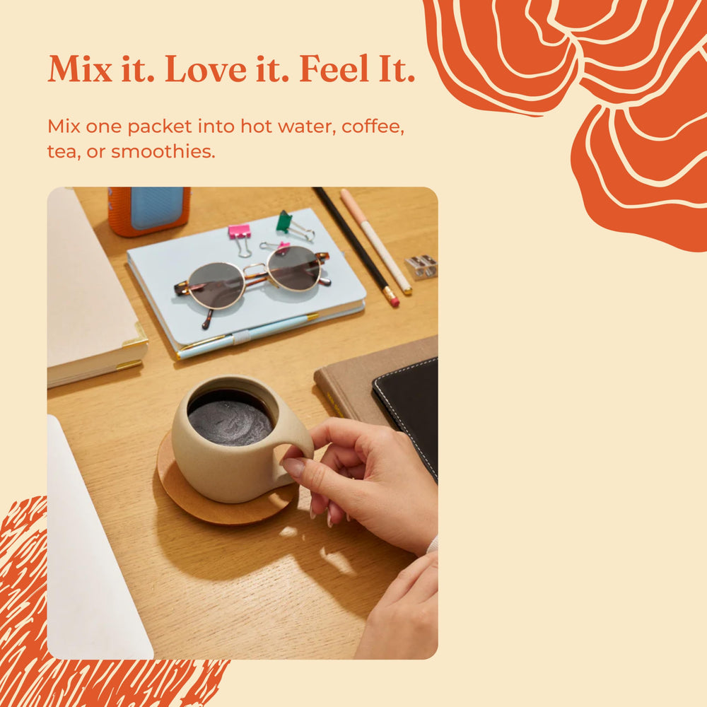 Four Sigmatic sachet on a workspace showing focus support during work