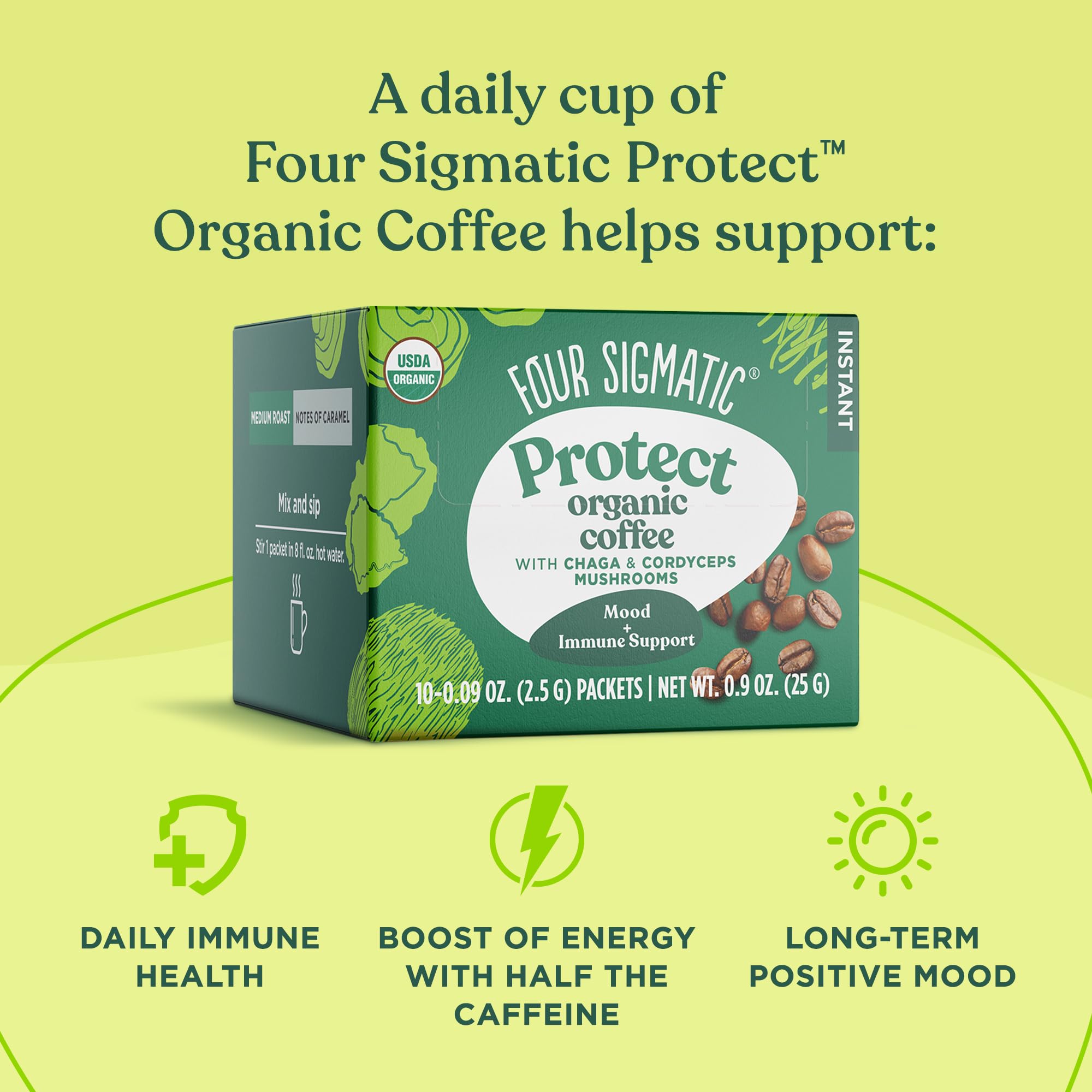 Four Sigmatic instant coffee being stirred in a mug demonstrating quick dissolve and easy morning use