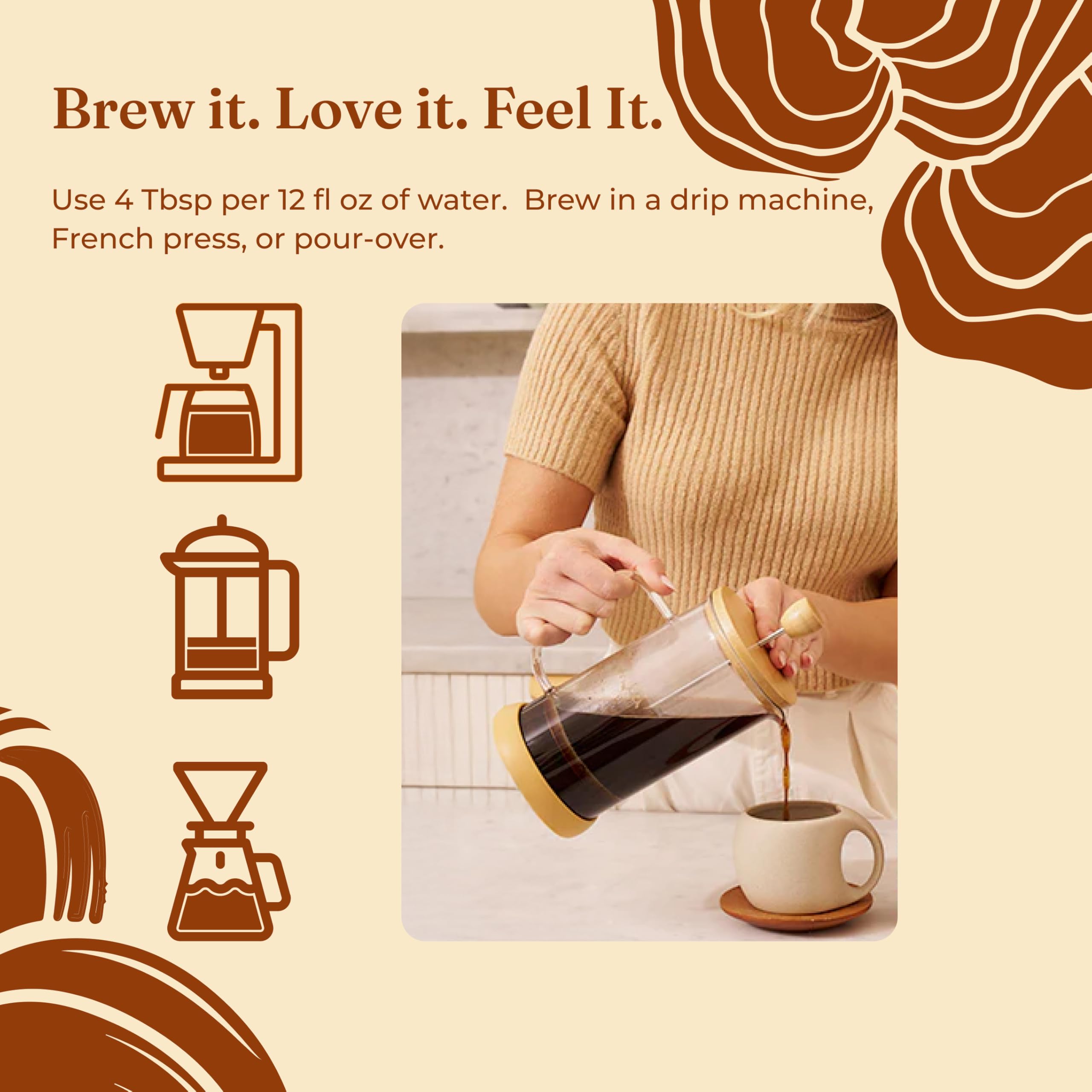 Lifestyle morning kitchen scene featuring Four Sigmatic bag and a brewed mug for everyday ritual