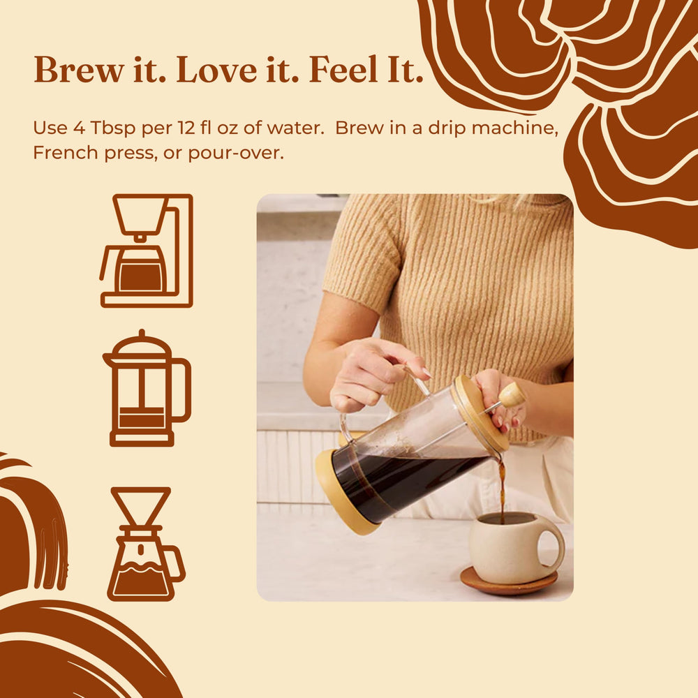 Lifestyle morning kitchen scene featuring Four Sigmatic bag and a brewed mug for everyday ritual