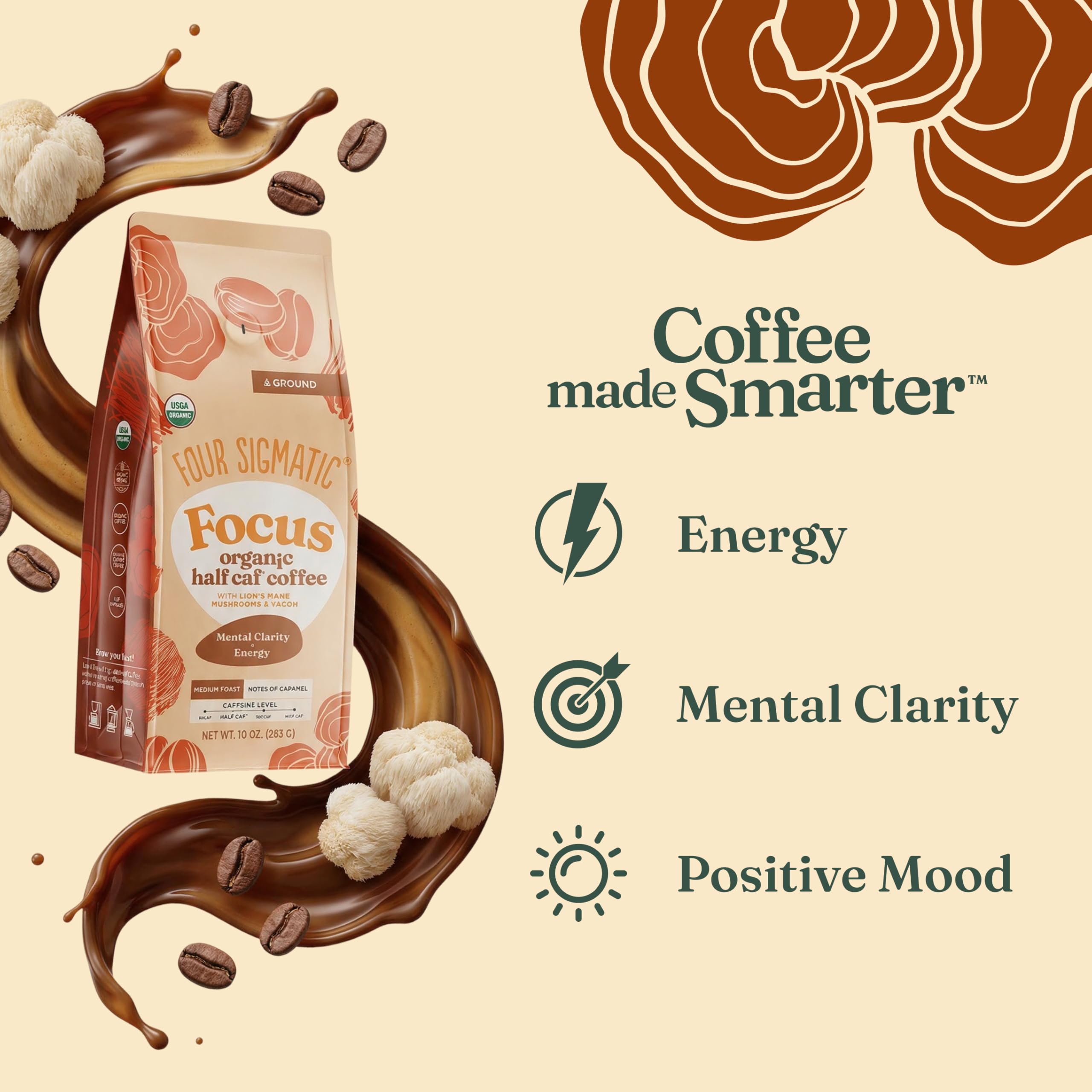 Four Sigmatic open bag with a scoop displaying easy-access pre-ground coffee for fast brewing