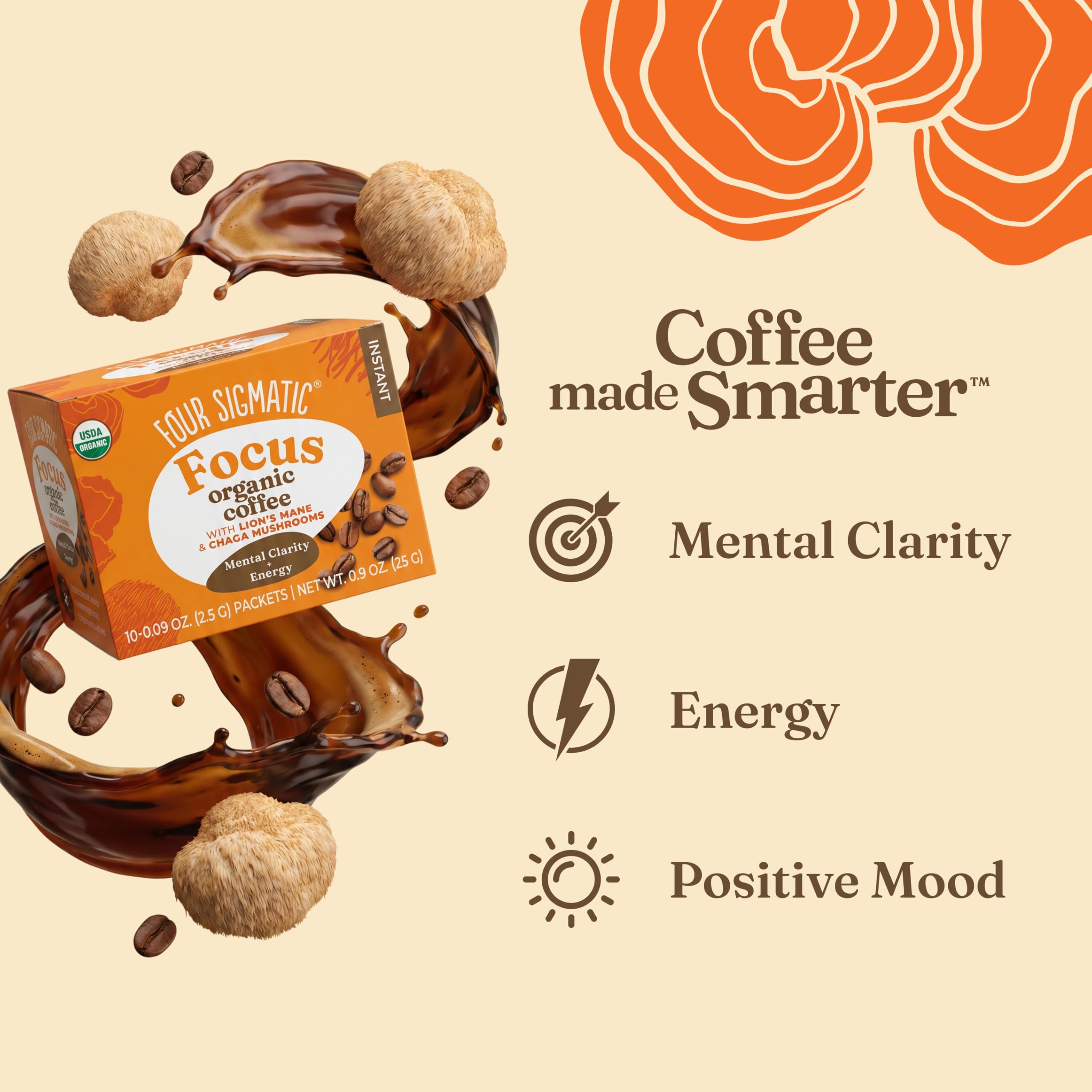 Four Sigmatic single packet closeup showing clear branding and easy portioning