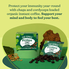 Opened Four Sigmatic packet on a spoon showing measured powder for fast, spill-free preparation