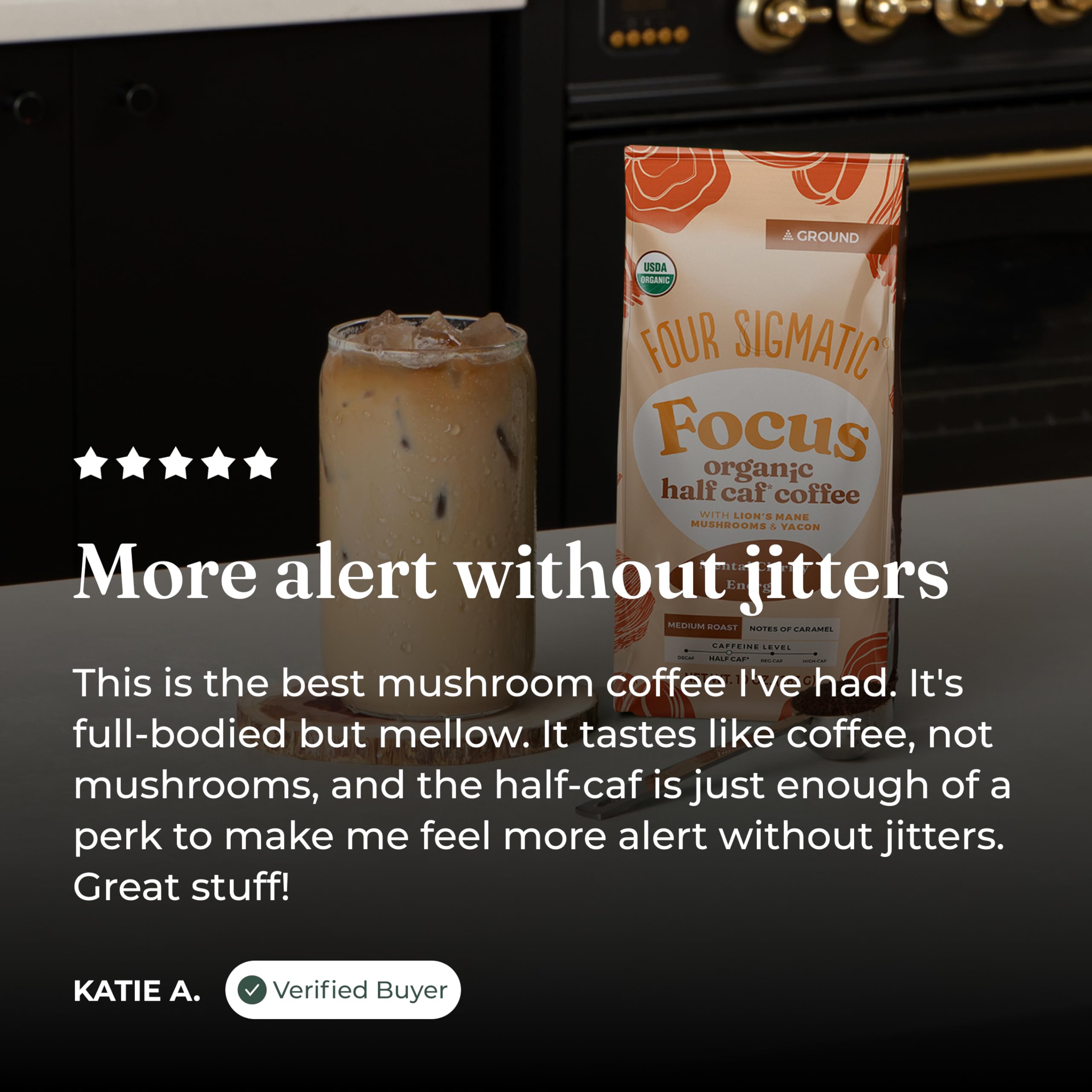 Pouring freshly brewed Four Sigmatic coffee into a mug demonstrating an inviting cup experience