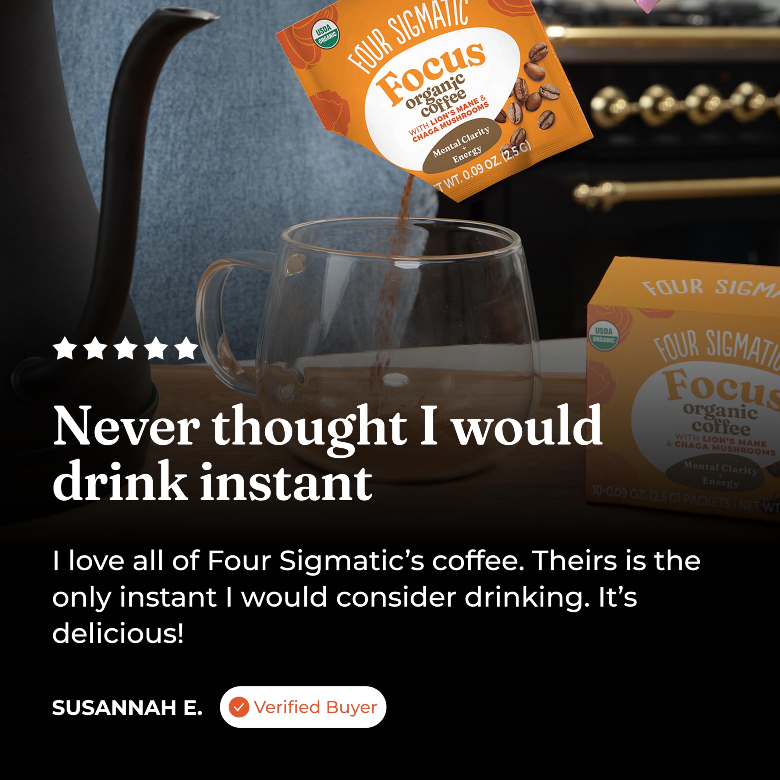 Four Sigmatic packets beside a ruler for size comparison and portion clarity