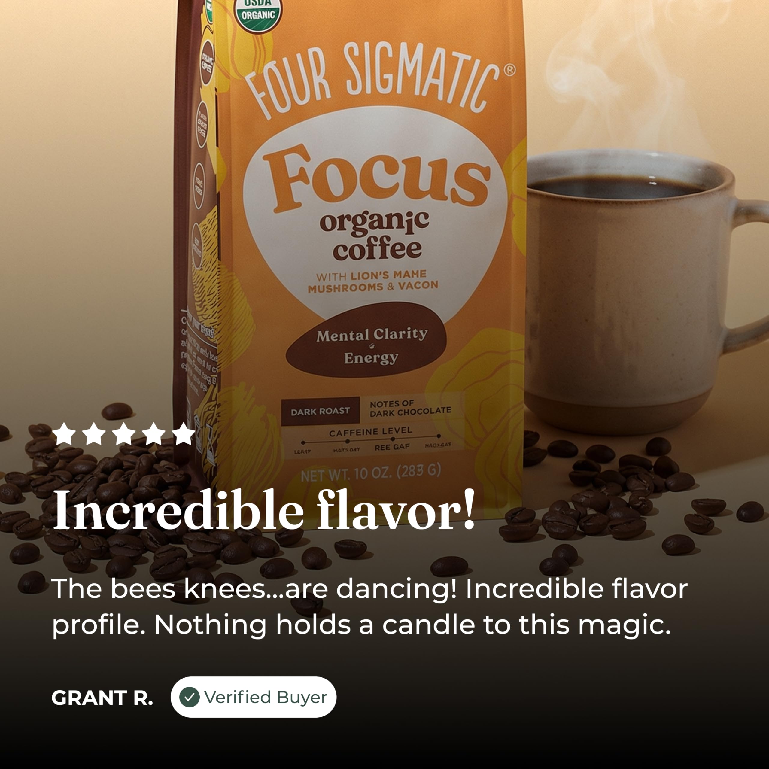 Four Sigmatic 12oz bag beside scale illustrating package size and servings