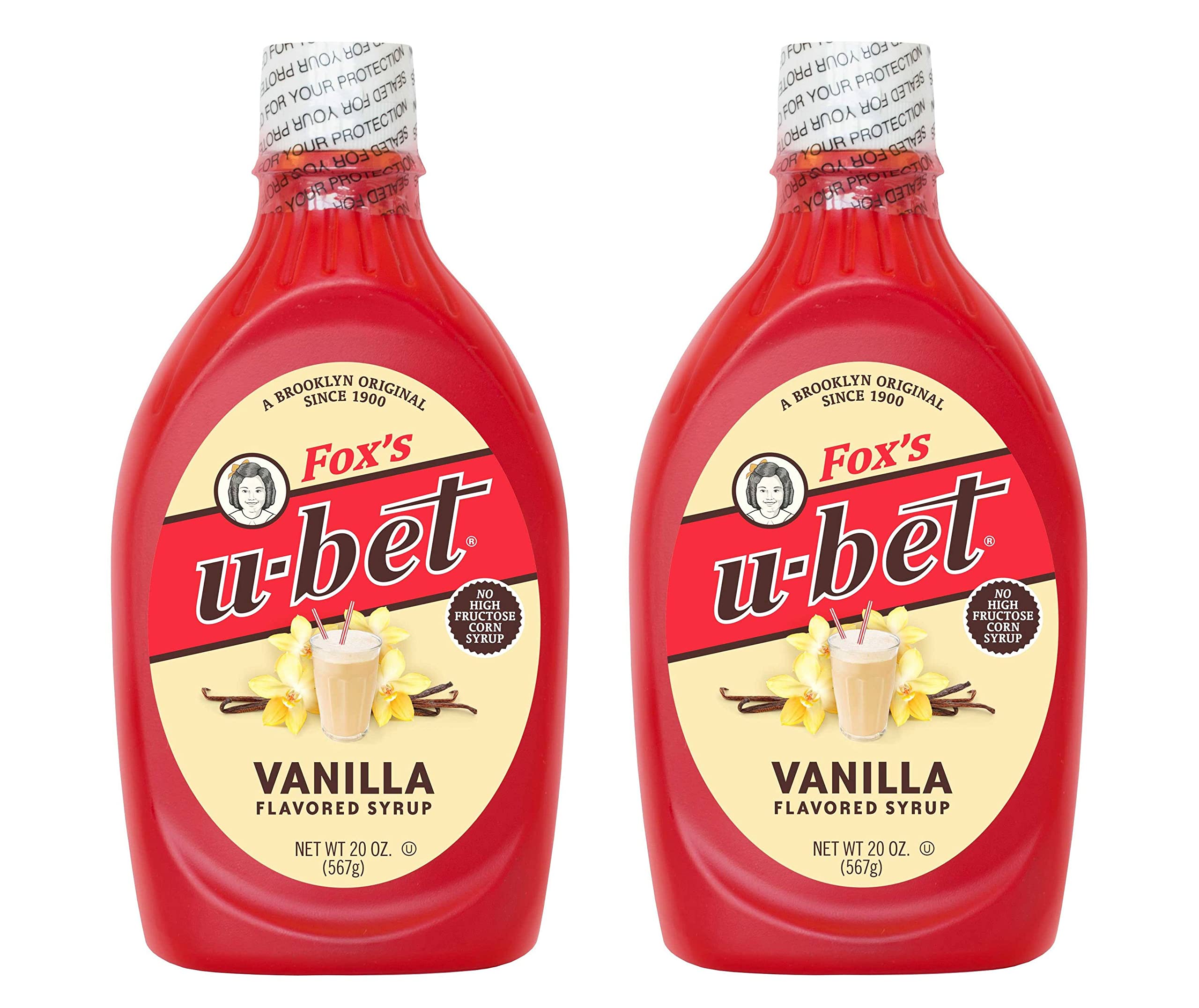 FOX'S U-BET front label on 20 oz bottle showing product identity and trust