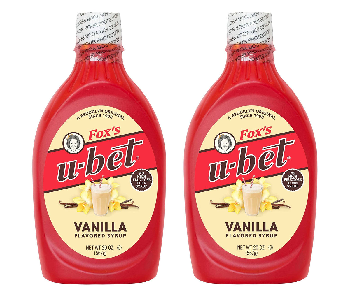 FOX'S U-BET front label on 20 oz bottle showing product identity and trust