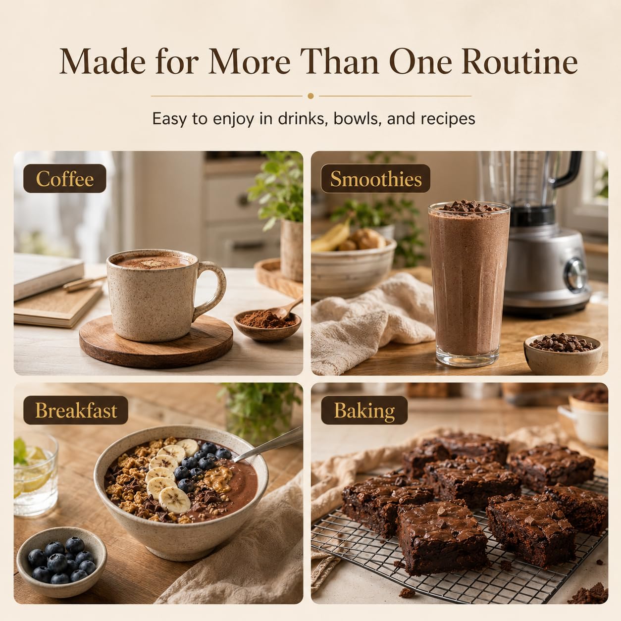 FQMUEV cocoa blended into coffee illustrating rich flavor benefit