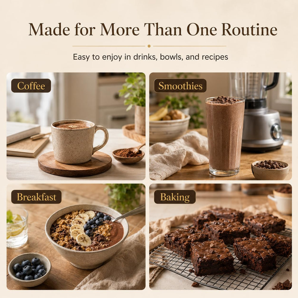 FQMUEV cocoa blended into coffee illustrating rich flavor benefit
