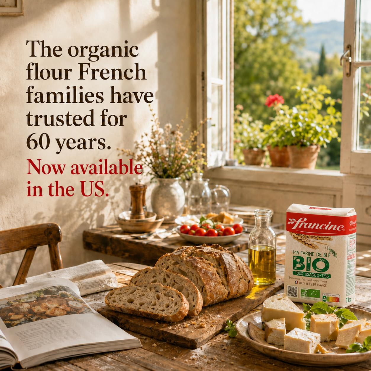 Sliced baguette from Francine T55 showing open crumb and crackling crust benefits