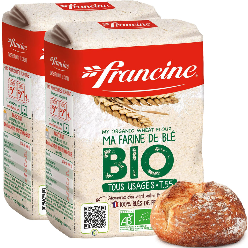 Francine T55 front packaging showing organic certification and two-pack convenience benefits
