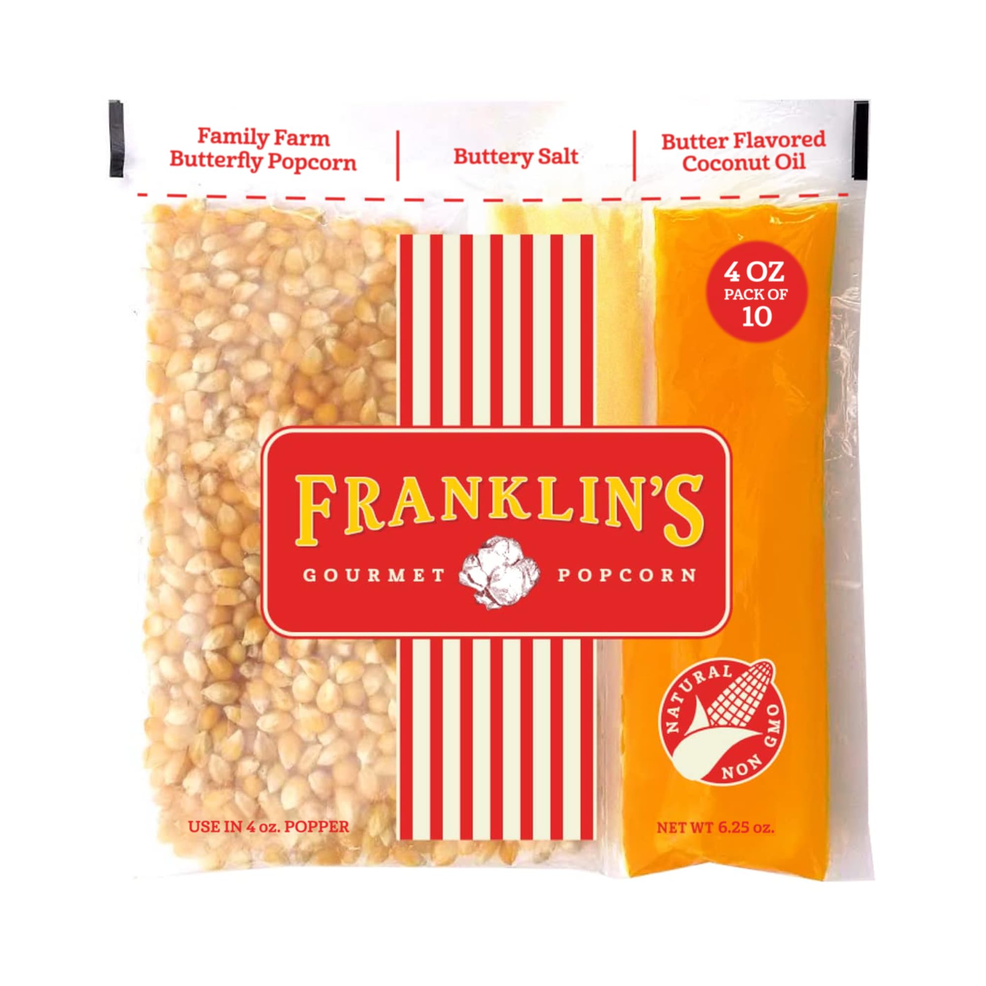 Franklin's Gourmet front packaging showing ten 4oz single-serve packs and convenience