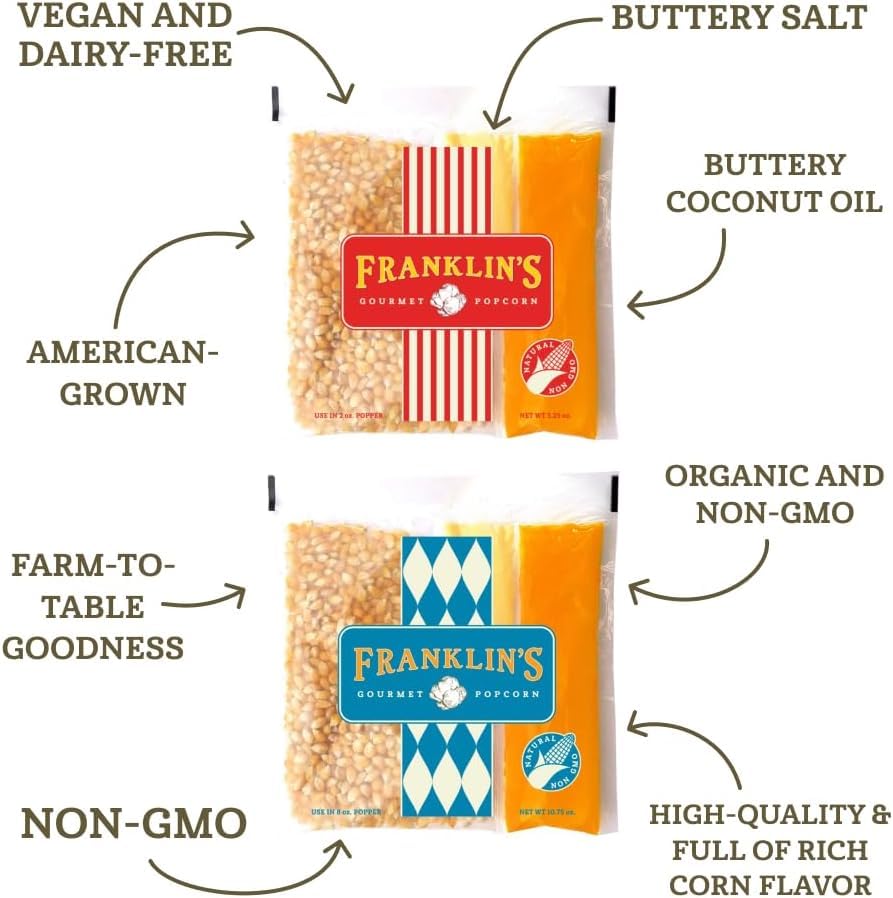 Franklin's Gourmet open pouch with kernels, oil, and seasoning for quick popping