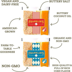 Franklin's Gourmet open pouch with kernels, oil, and seasoning for quick popping