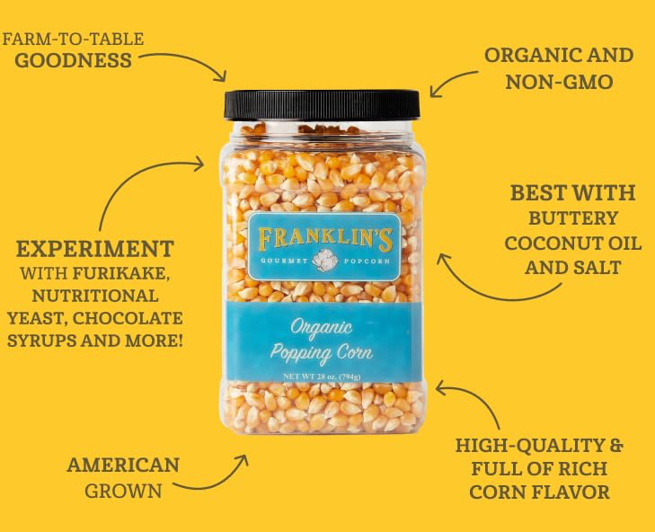 Franklin's Gourmet close-up of unpopped kernels highlighting consistent size and quality