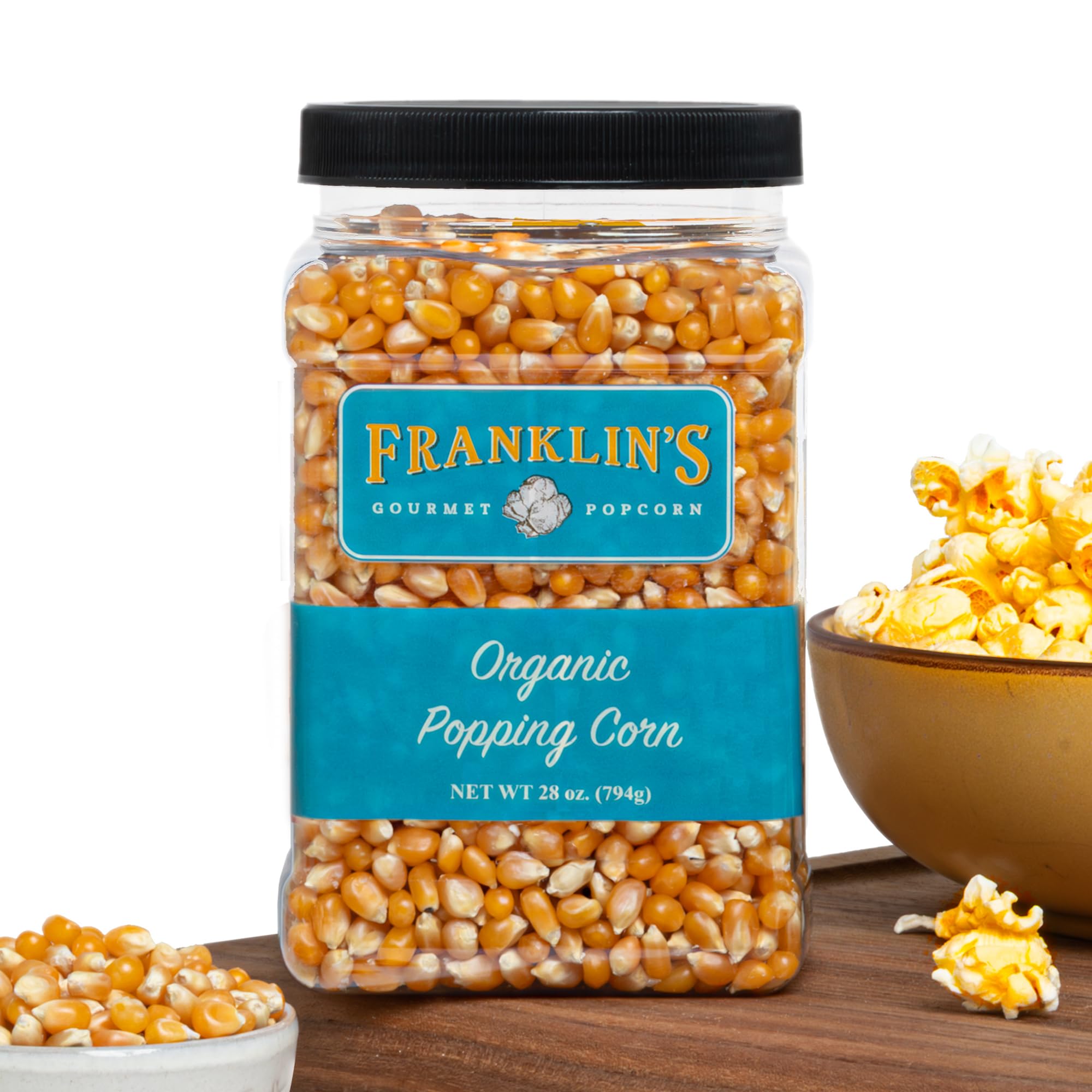 Franklin's Gourmet front tub showing 28oz organic popcorn packaging and freshness