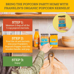 Franklin's Gourmet popcorn mid-pop in a pan demonstrating reliable popping performance