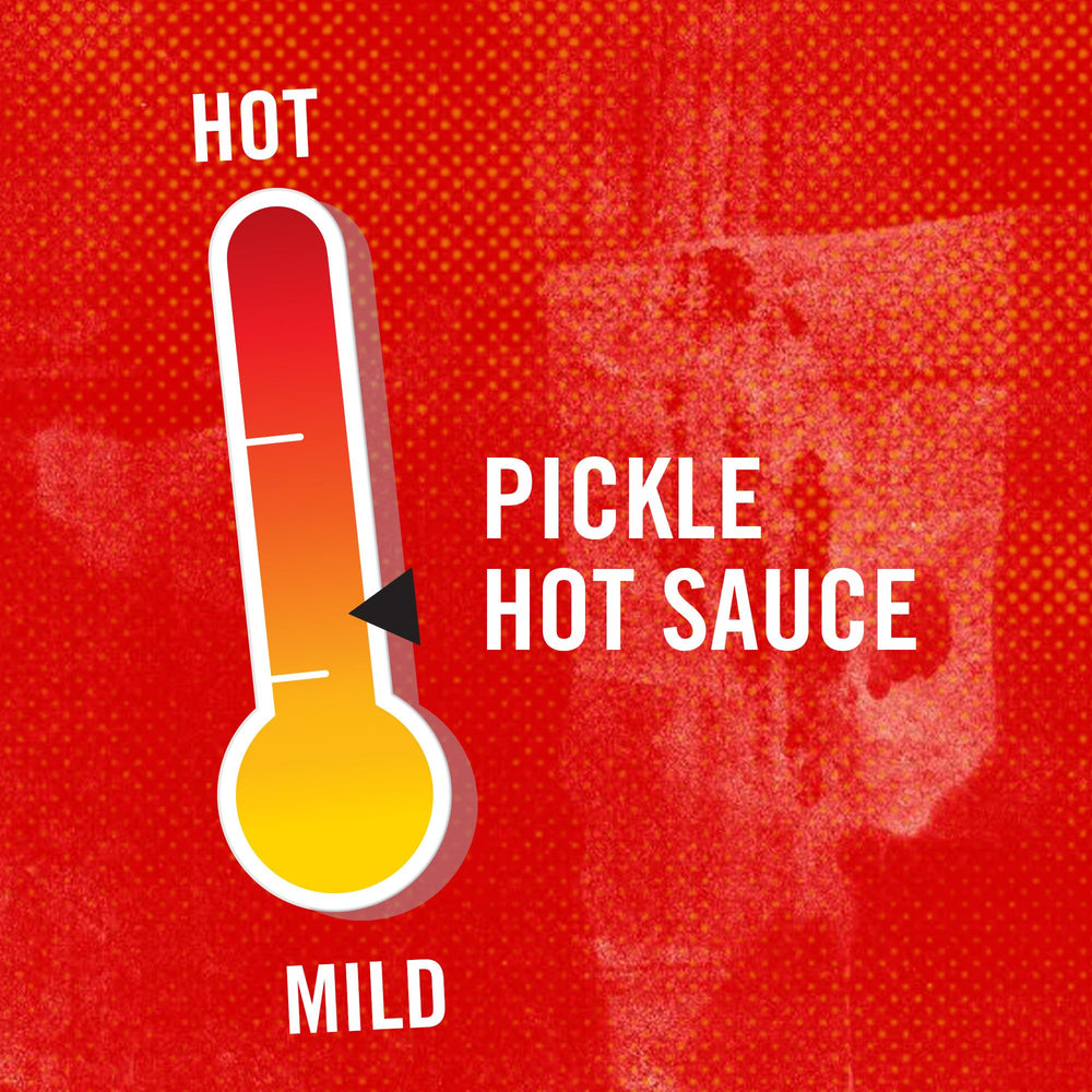 Frank's RedHot label close-up highlighting dill pickle flavor and clear branding