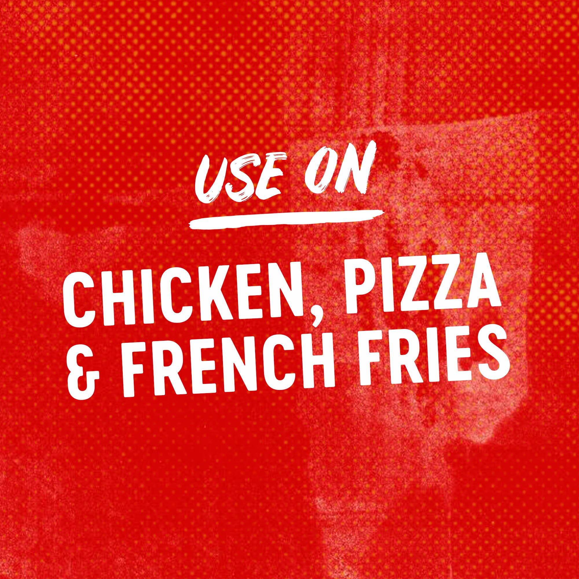 Frank's RedHot drizzled on pizza adding zesty pickle tang and spicy lift