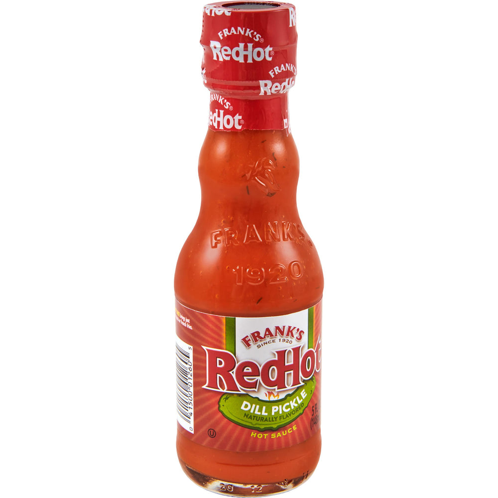 Frank's RedHot bottle front packaging showing product and vibrant pickle appeal