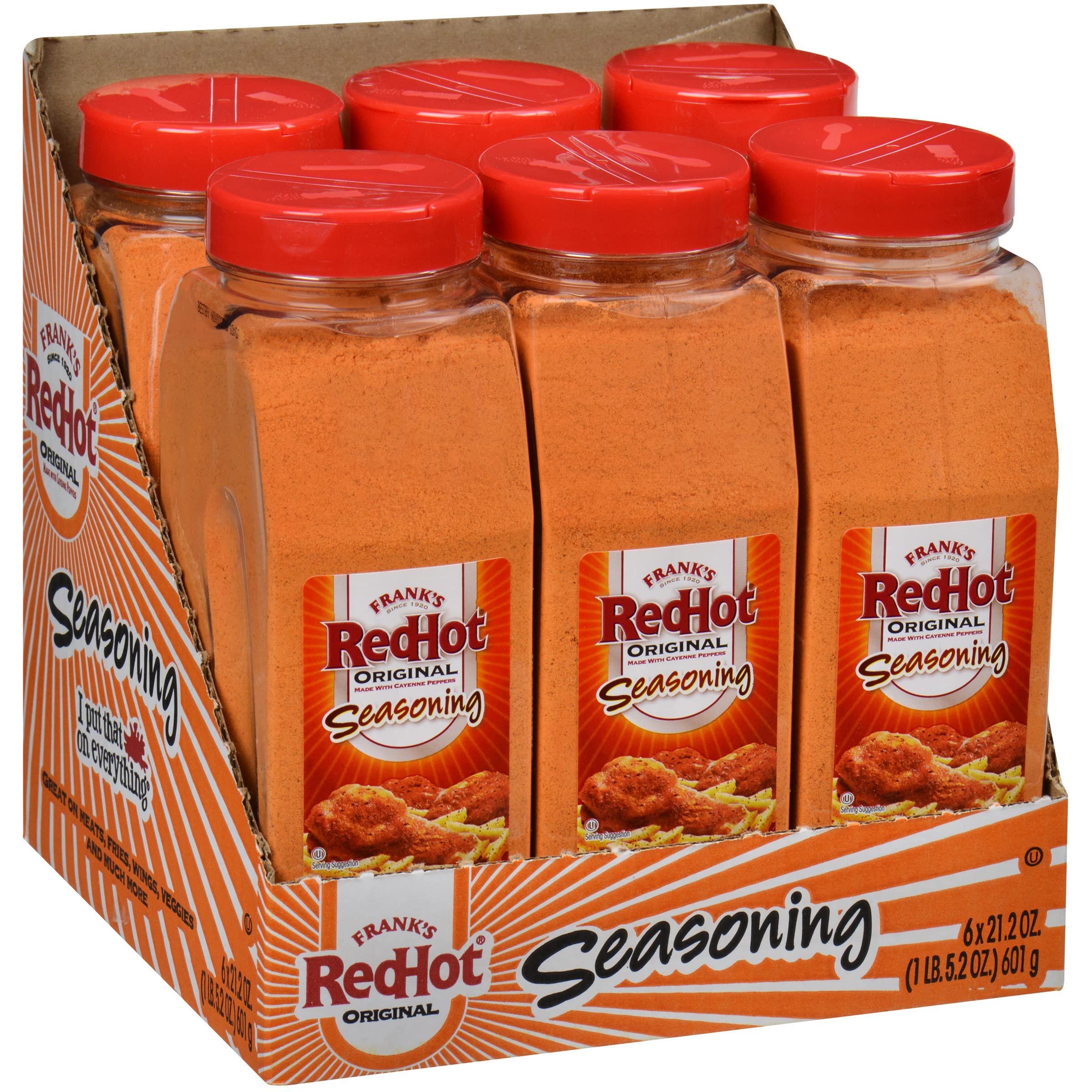Frank's RedHot front packaging showing six 21.2 oz containers and bold branding benefit: ready bulk seasoning