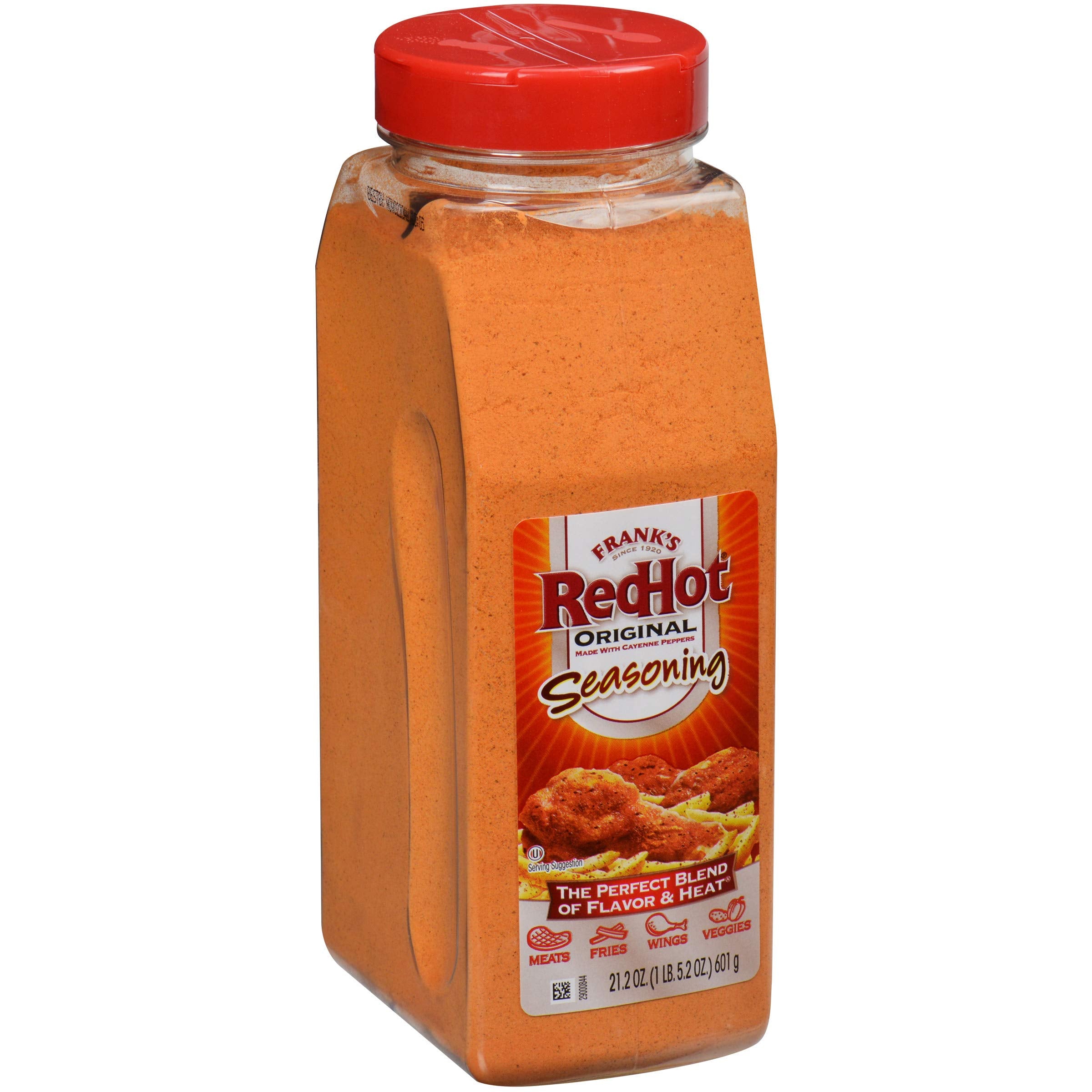 Frank's RedHot front packaging showing large 21.2 oz container and branding benefit