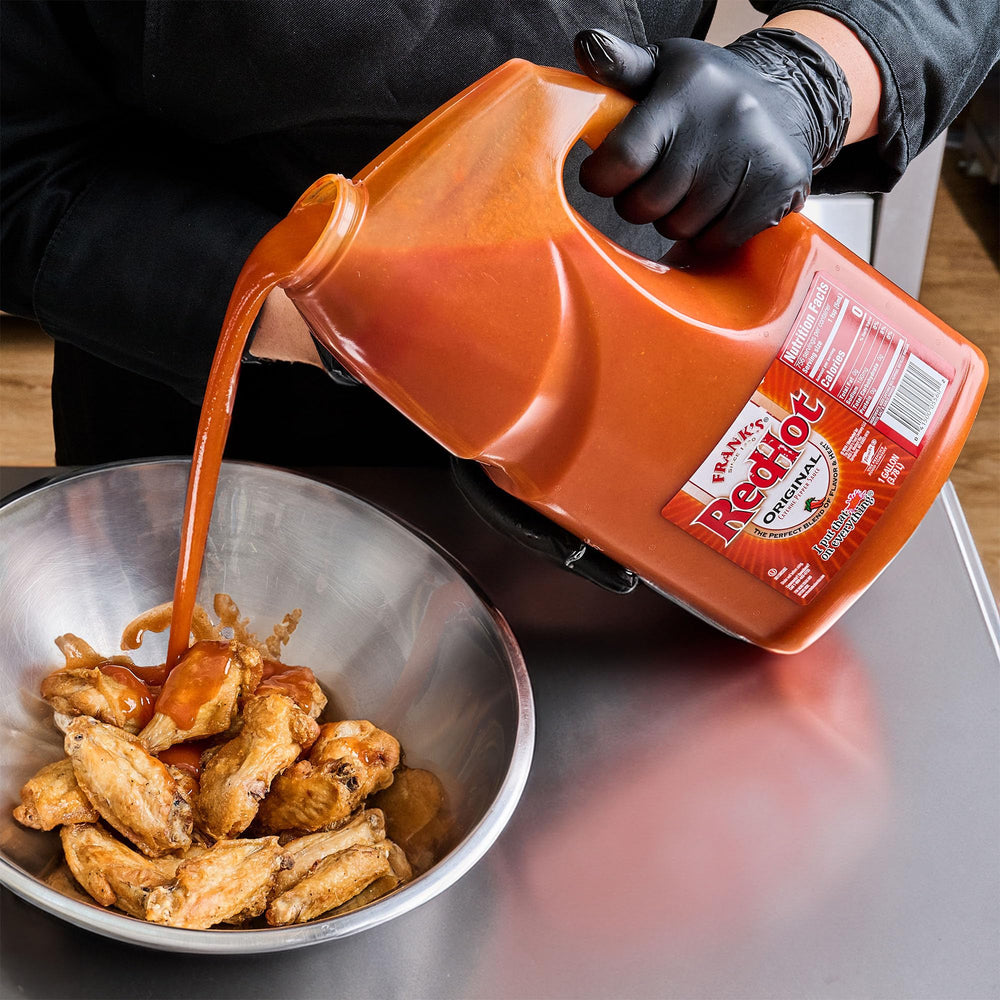 Frank's RedHot jug label and ingredient panel close-up highlighting simple ingredients