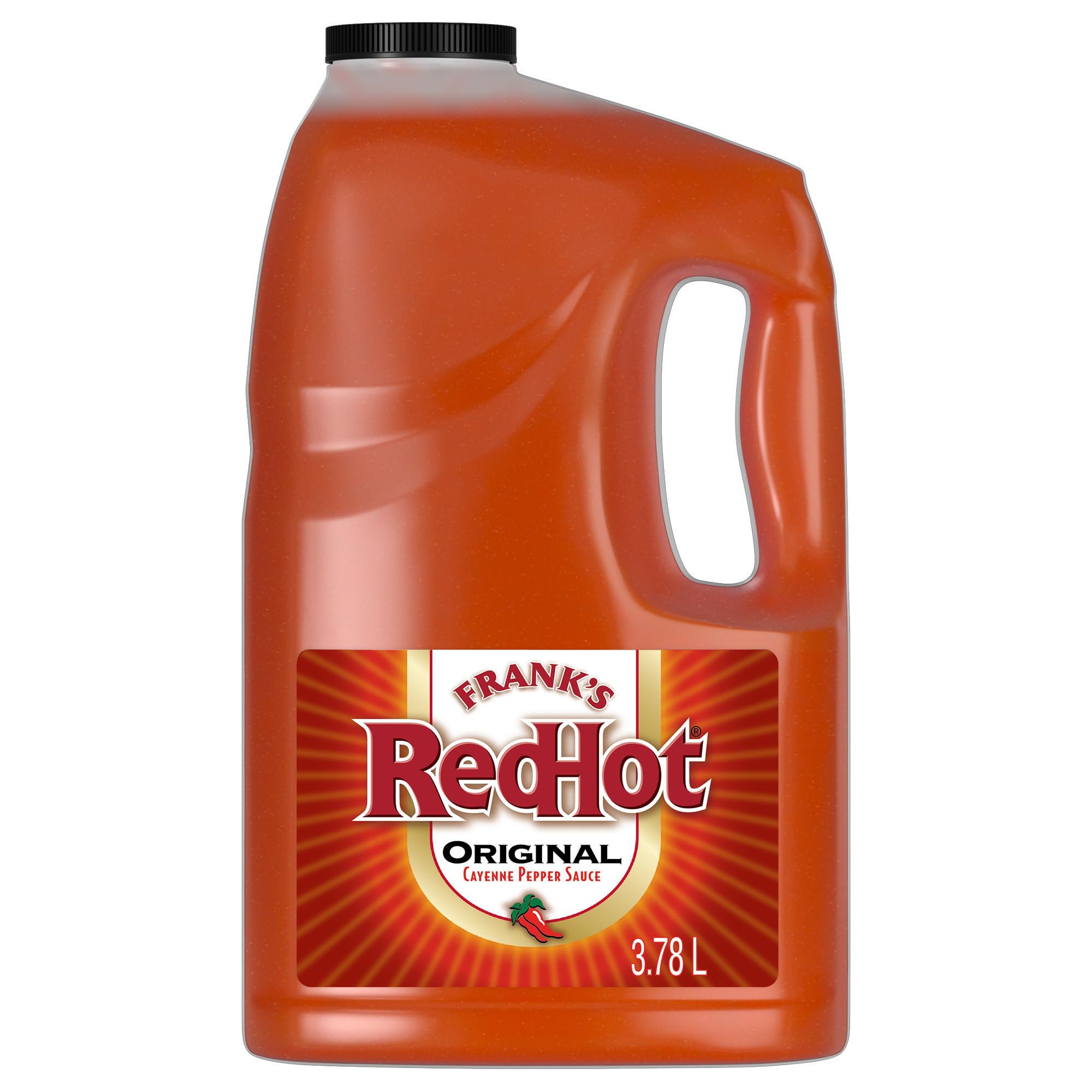 Frank's RedHot one gallon front label showing brand and bulk size for consistent flavor