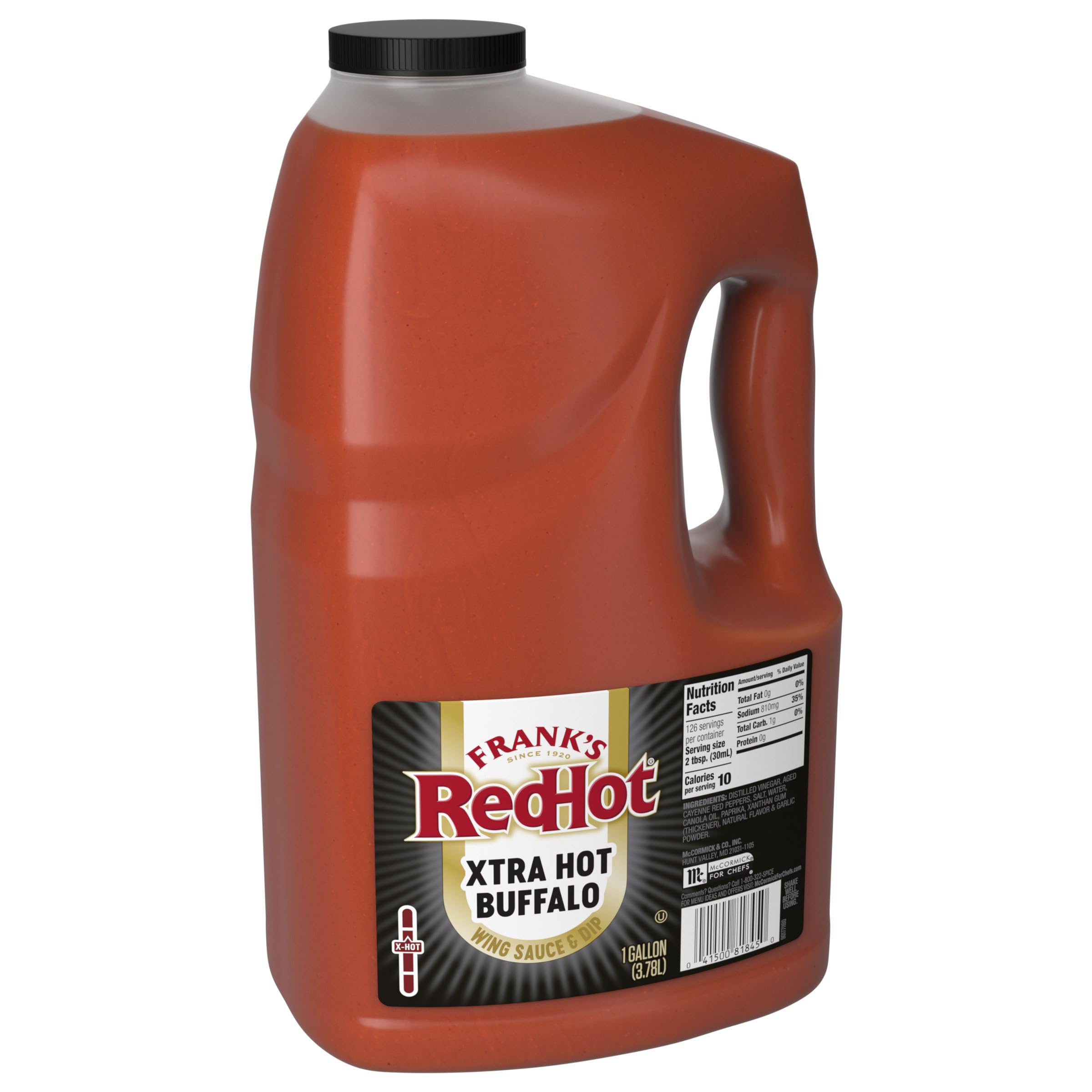Frank's RedHot jug front view showing bold buffalo sauce branding and capacity benefit