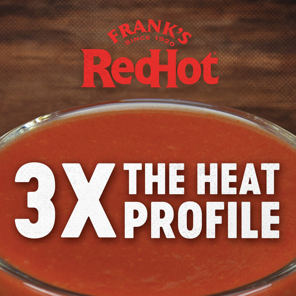Frank's jug pouring sauce onto plate to add bold heat and consistent flavor