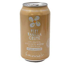 Frannie's Very Vanilla Creme poured into a glass over ice highlighting creamy vanilla flavor and refreshment