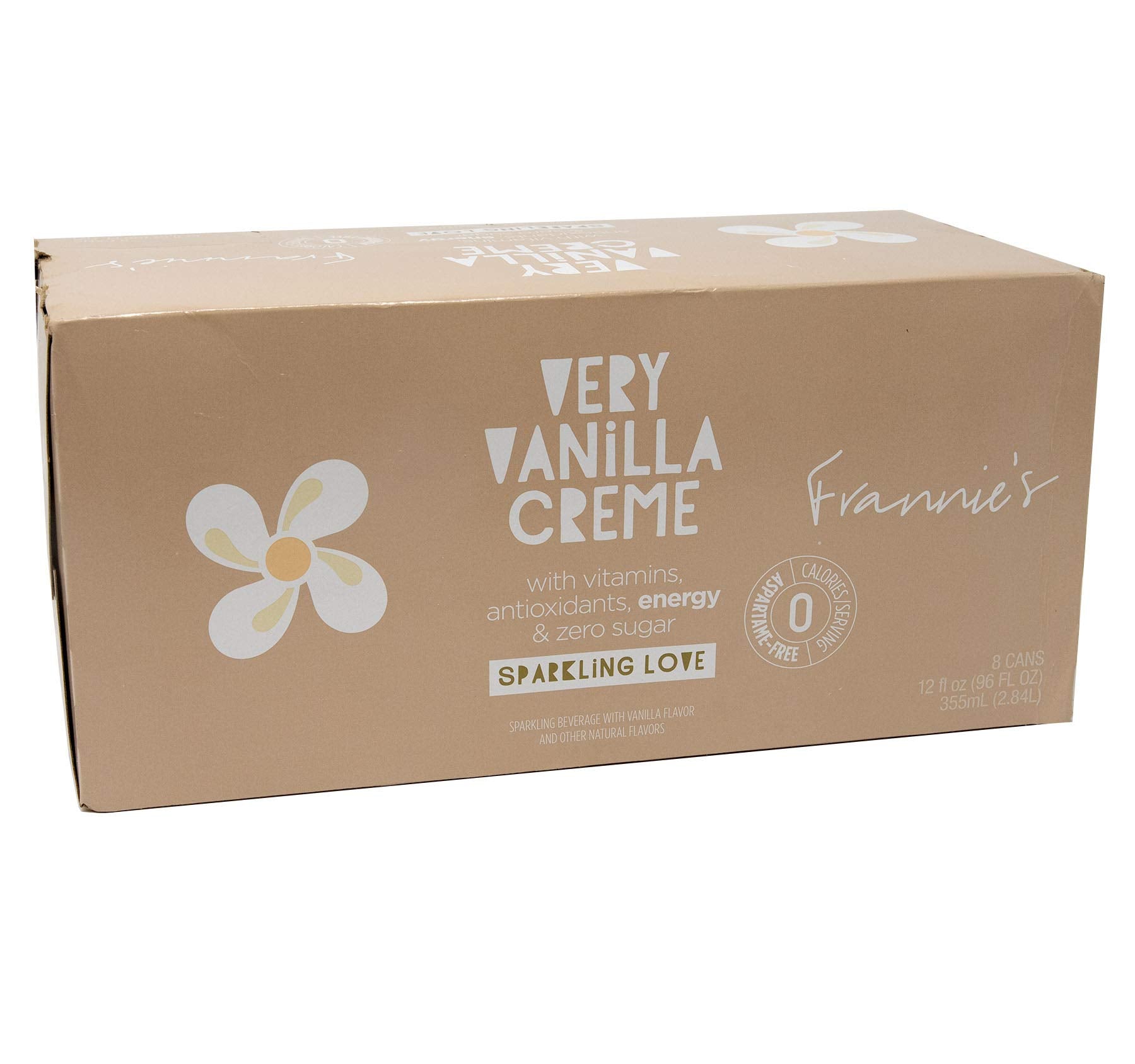 Frannie's Very Vanilla Creme front packaging showing an 8-pack of 12 fl oz cans for convenient storage