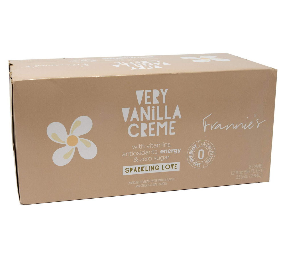 Frannie's Very Vanilla Creme front packaging showing an 8-pack of 12 fl oz cans for convenient storage