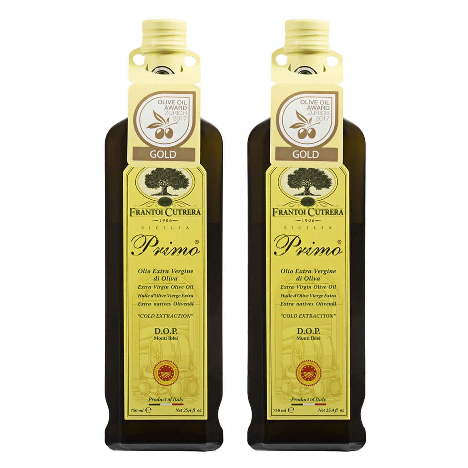 Frantoi Cutrera Primo front bottle showing rich green-golden color delivering bold flavor