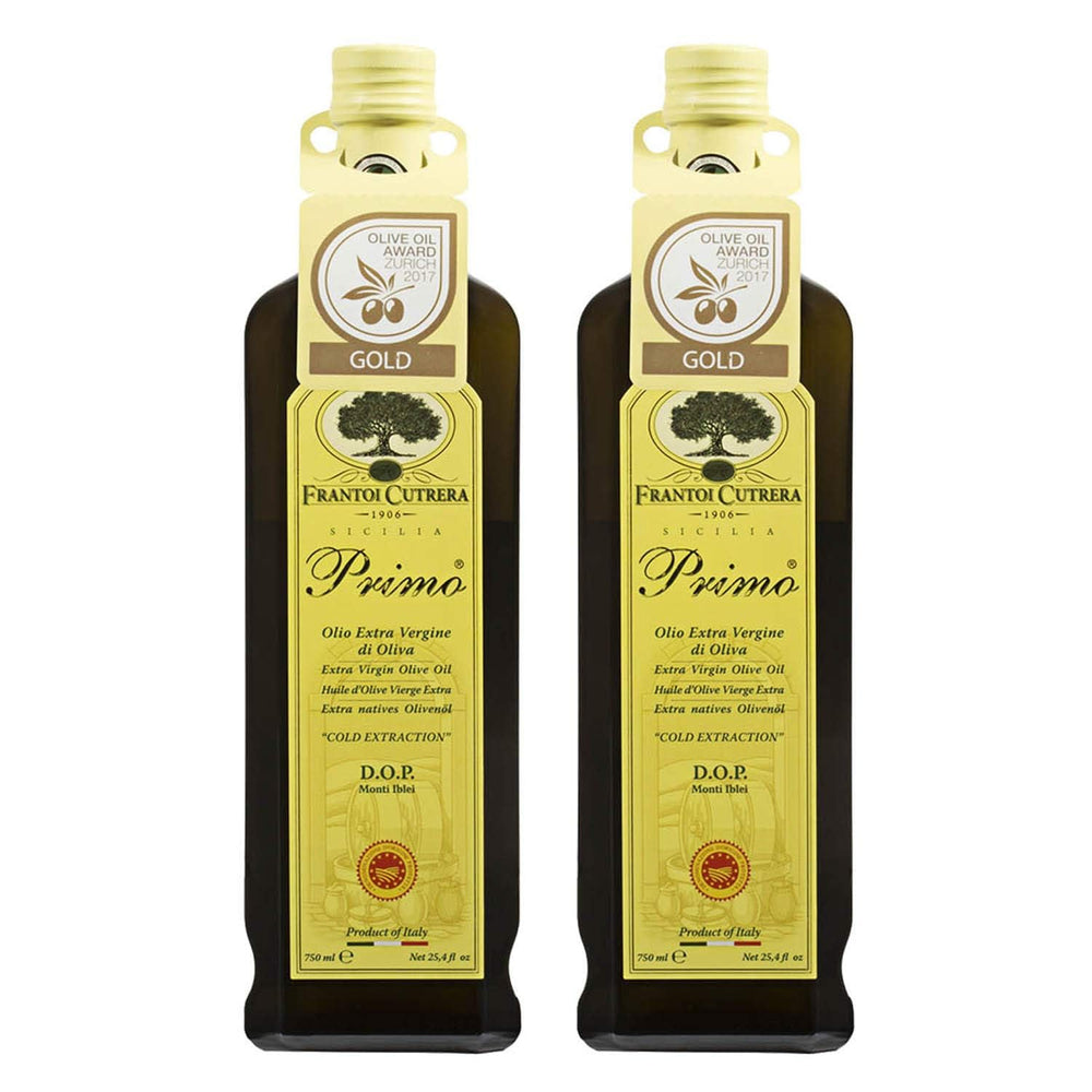 Frantoi Cutrera Primo front bottle showing rich green-golden color delivering bold flavor