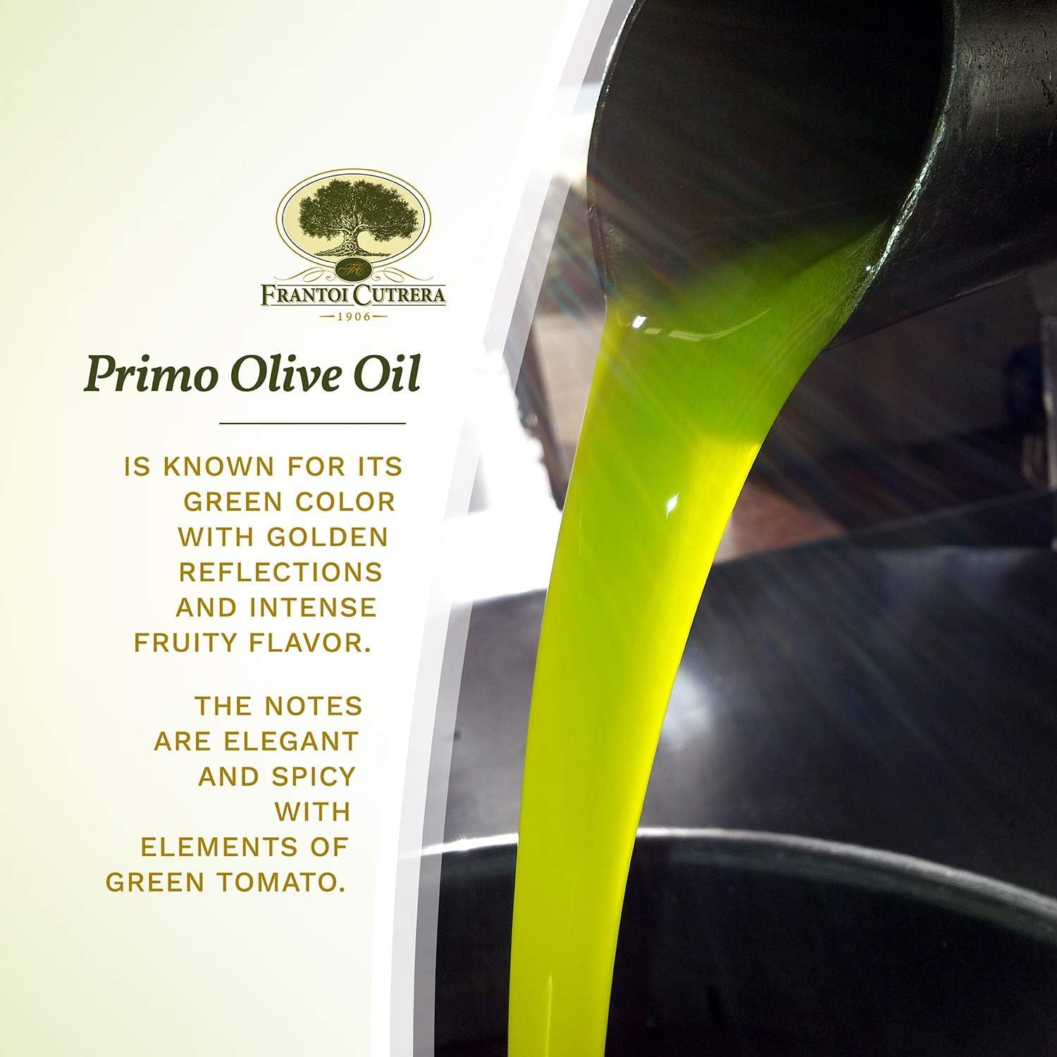 Frantoi Cutrera oil pouring to show rich green color and fresh aroma benefits