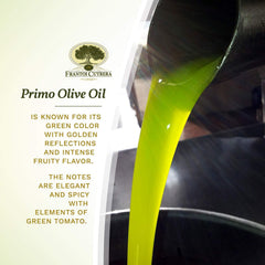 Frantoi Cutrera oil pouring to show rich green color and fresh aroma benefits