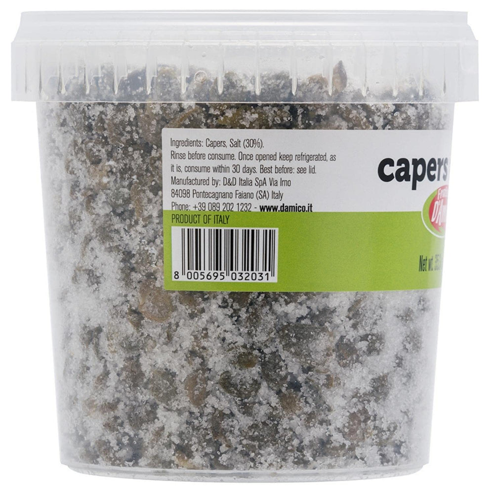 fratelli d'amico open jar with salt-packed capers highlighting long shelf life