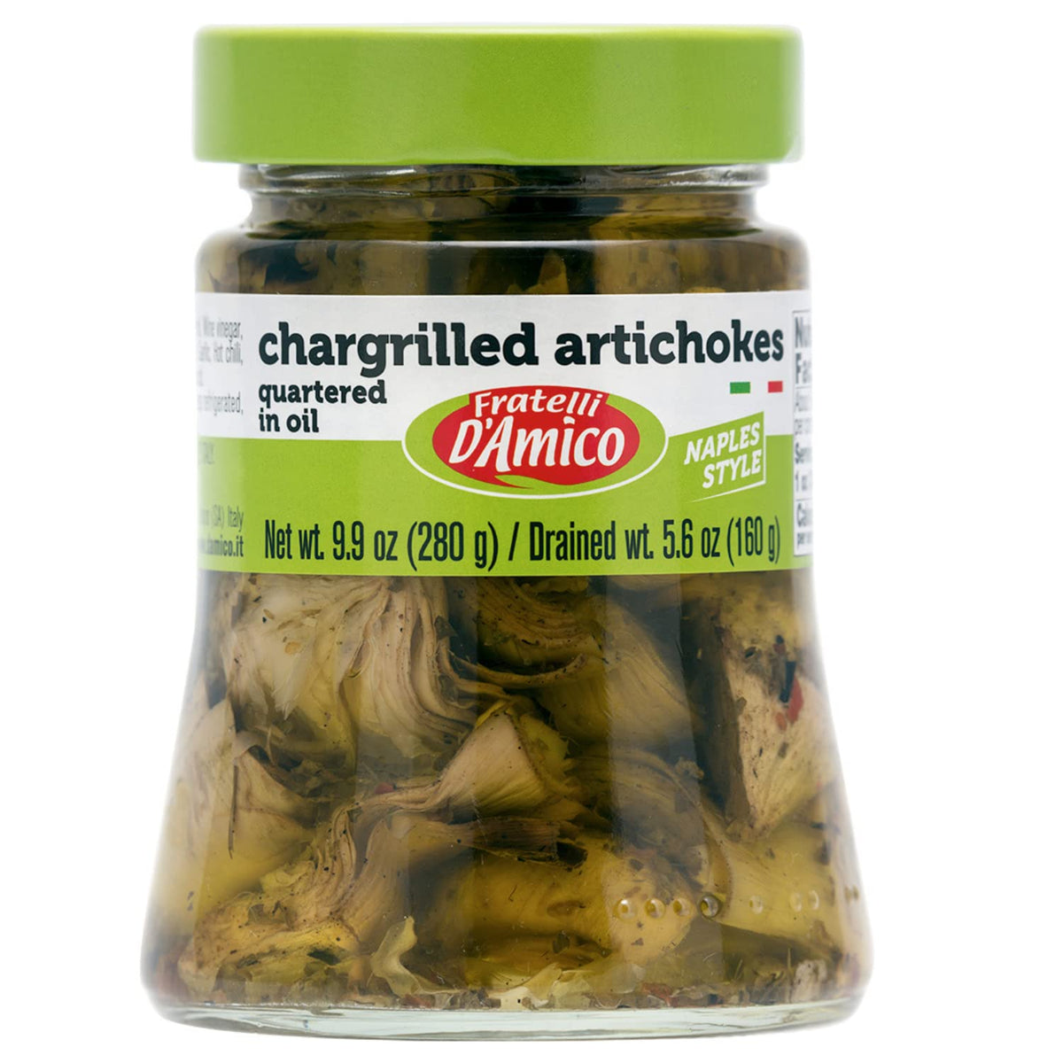 FRATELLI D'AMICO front jar view showing chargrilled artichokes, ideal for antipasti
