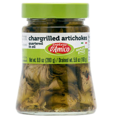 FRATELLI D'AMICO front jar view showing chargrilled artichokes, ideal for antipasti