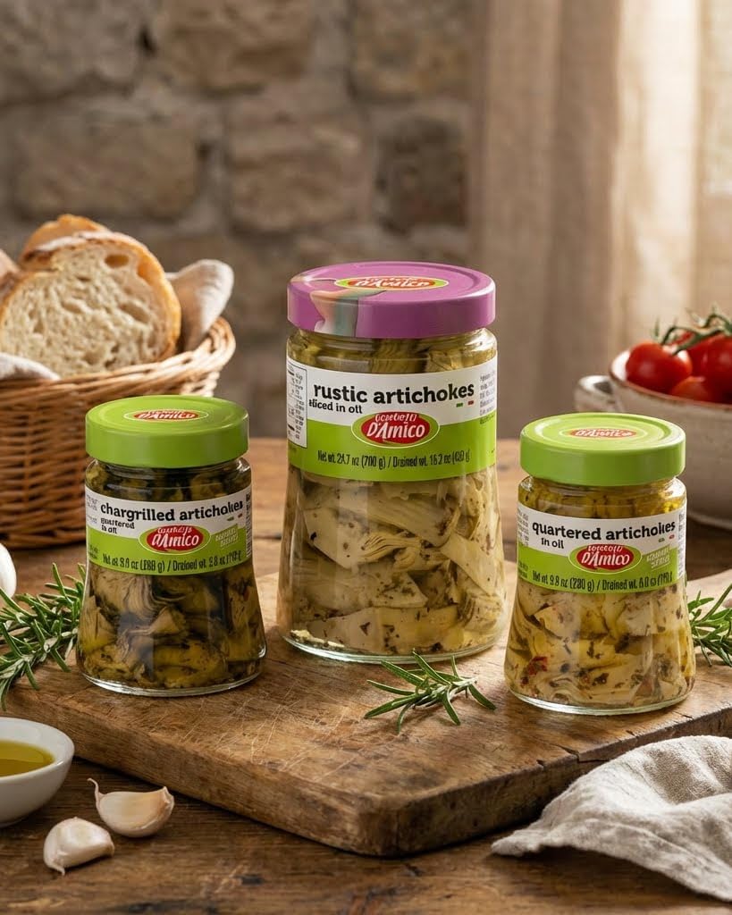 FRATELLI D'AMICO glass jar label and nutrition panel conveying authentic Italian origin