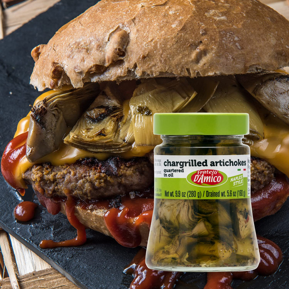 FRATELLI D'AMICO jar size shown in hand for scale indicating 9.9 oz gourmet portion