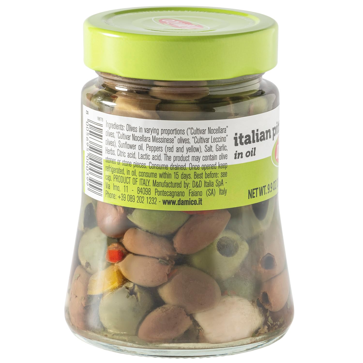 Fratelli D'Amico close-up of mixed pitted olives texture, highlights variety and mouthfeel benefit