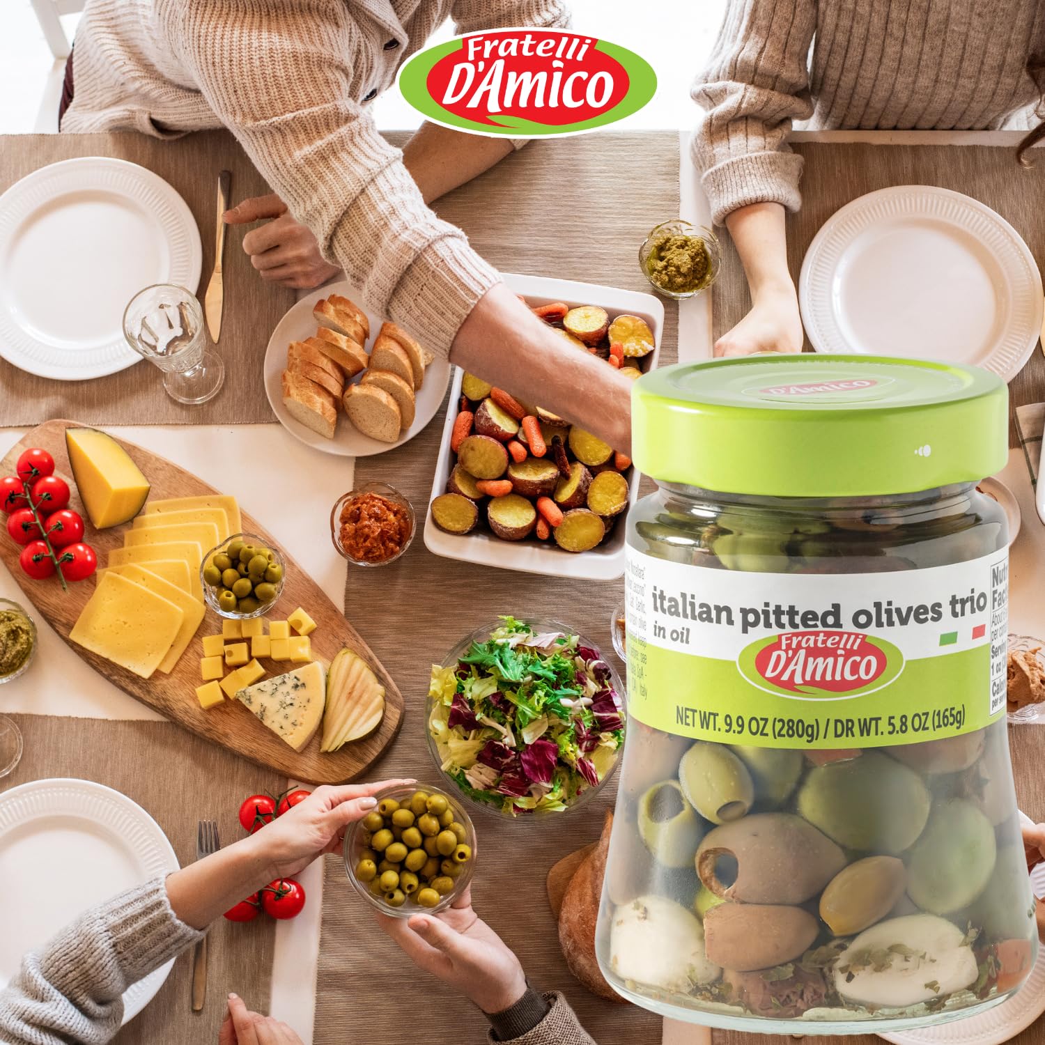 Fratelli D'Amico olives served on antipasti board, enhances entertaining and presentation benefit
